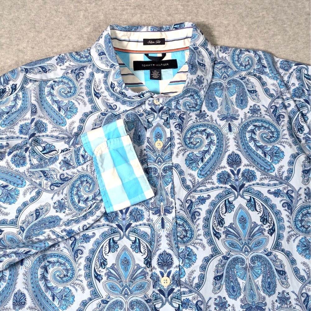 Tommy Hilfiger Slim Fit Button Shirt Mens Size XL Long Sleeve Blue Paisley